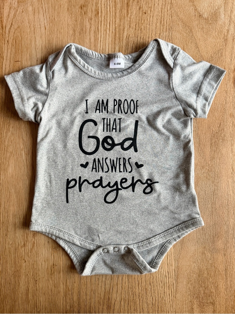 Gray Baby Onesie with 'I Am Proof That God Answers Prayers' Graphic, 6-9 Months